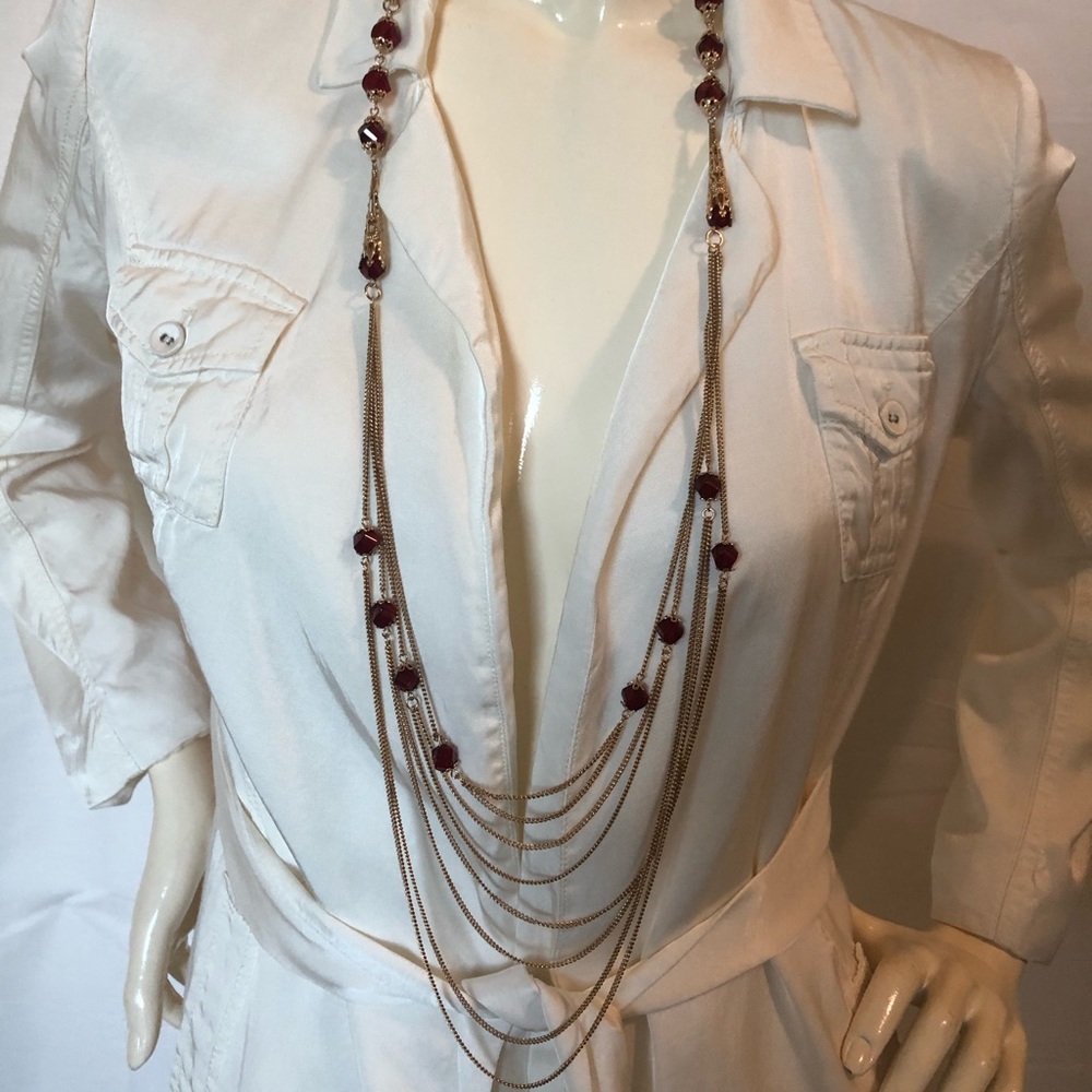 Multi tier layered long necklace chain, red beads, gold dress jewellery,